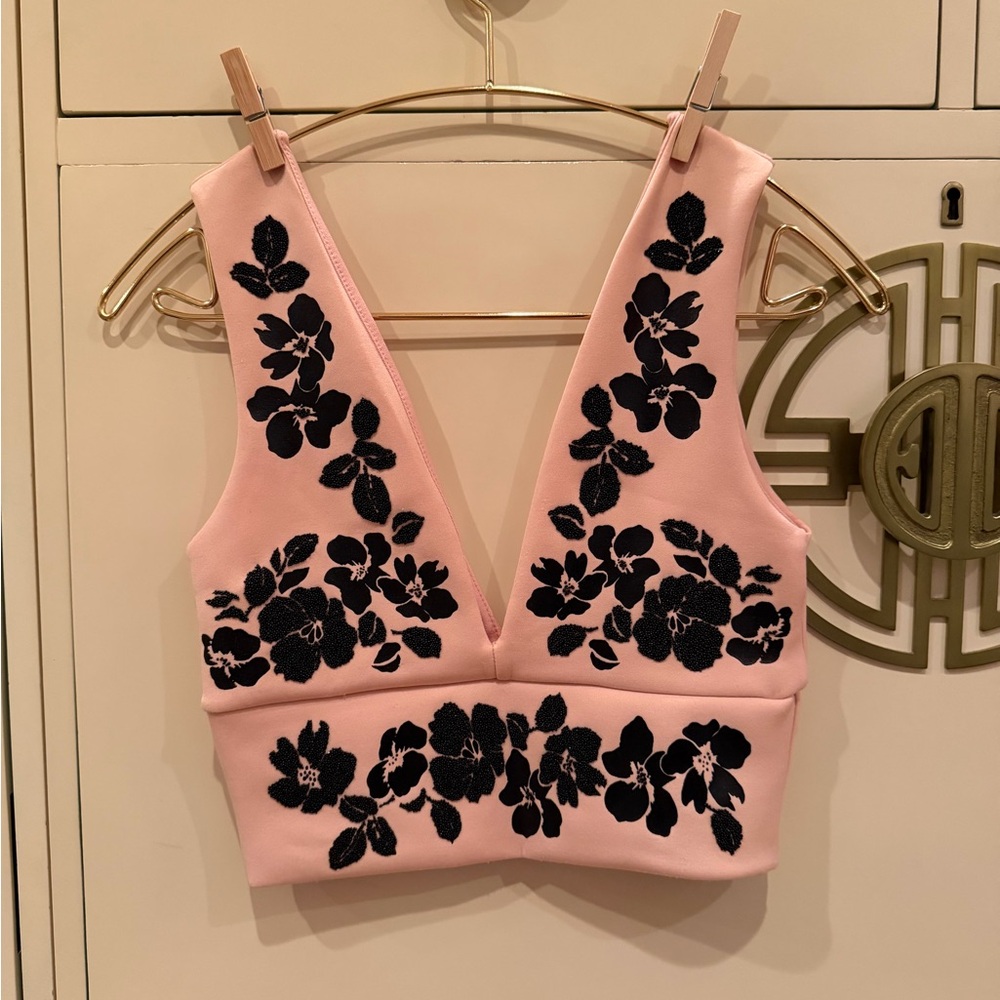 ASOS Pink Crop Top with Black Floral Design